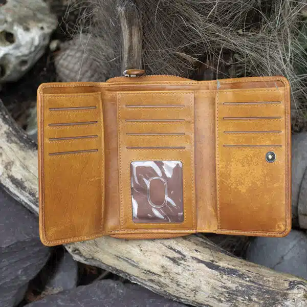 wombat woman's large leather purse tan leather with a vintage finish open showing card slots and ID window