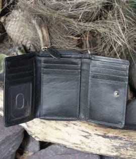 Womans black vintage style leather medium size purse Wallet showing card slots and ID window