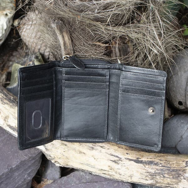 Womans black vintage style leather medium size purse Wallet showing card slots and ID window