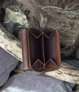 Womans brown vintage style leather medium size purse Wallet showing rear coin purse 2 sections and a chunky metal zip