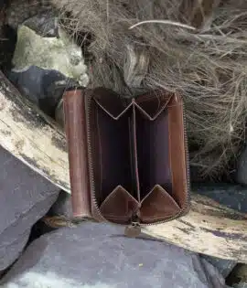 Womans brown vintage style leather medium size purse Wallet showing rear coin purse 2 sections and a chunky metal zip