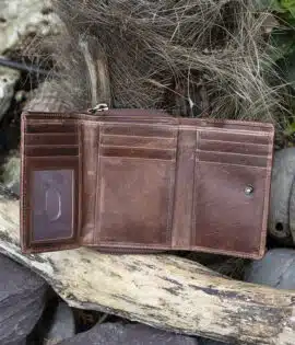 Womans brown vintage style leather medium size purse Wallet showing card slots and ID window