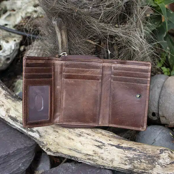 Womans brown vintage style leather medium size purse Wallet showing card slots and ID window