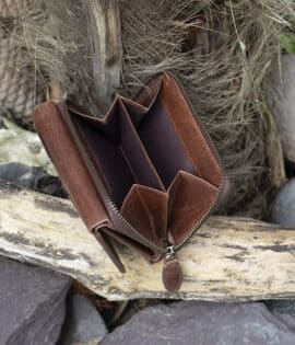 Womans brown vintage style leather medium size purse Wallet showing rear coin purse 2 sections and a chunky metal zip