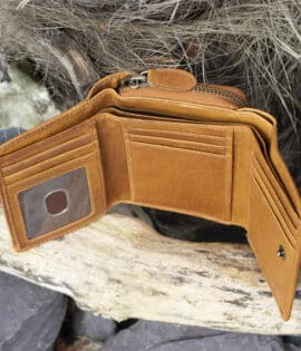 Womans tan vintage style leather medium size purse Wallet showing card slots and ID window and note pockets