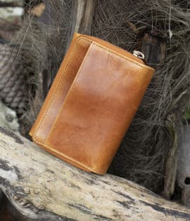 Womans tan vintage style leather medium size purse Wallet showing rear with large pouch pocket