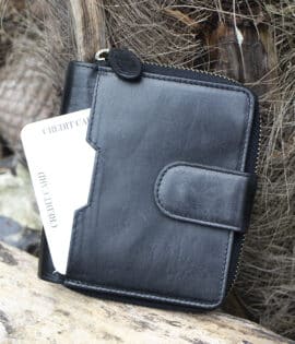 Womans black vintage style leather bifold purse Wallet with a tab opening showing front card pouch