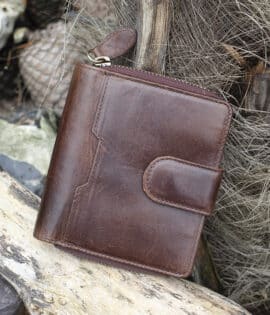 Womans brown vintage style leather bifold purse Wallet with a tab opening