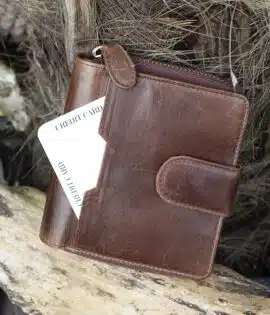 Womans brown vintage style leather bifold purse Wallet with a tab opening showing front card pouch