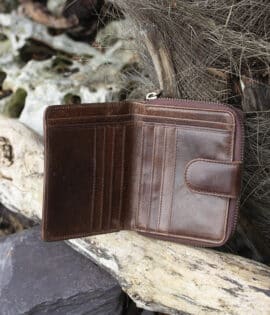 Womans brown vintage style leather bifold purse Wallet open showing card slots