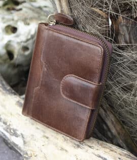 Womans brown vintage style leather bifold purse Wallet with a tab opening side view showing metal zip purse section