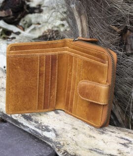 Womans tan vintage style leather bifold purse Wallet open showing card slots