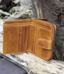 Womans tan vintage style leather bifold purse Wallet open showing card slots