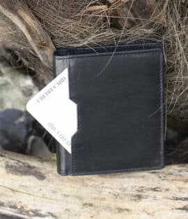 mens black small trifold leather vintage finish showing outside card pocket on the front