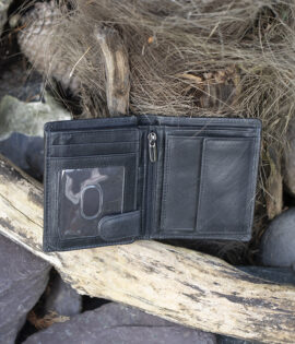 mens black trifold leather wallet open showing ID window and coin pouch