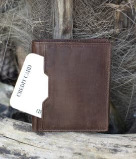 mens brown small trifold leather vintage finish showing outside card pocket on the front