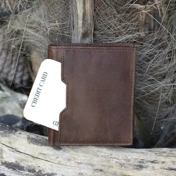 mens brown small trifold leather vintage finish showing outside card pocket on the front