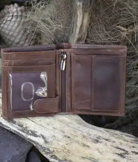 mens brown trifold leather wallet open showing ID window and coin pouch