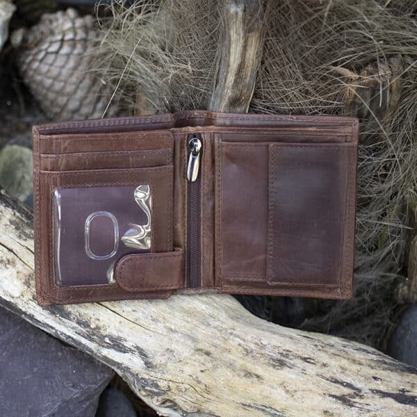 mens brown trifold leather wallet open showing ID window and coin pouch