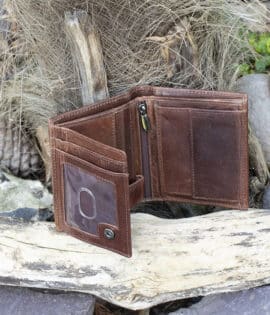 mens brown small trifold leather vintage finish open showing card slots and Id window