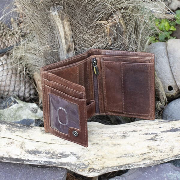 mens brown small trifold leather vintage finish open showing card slots and Id window