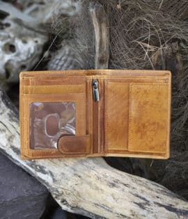 mens tan trifold leather wallet open showing ID window and coin pouch