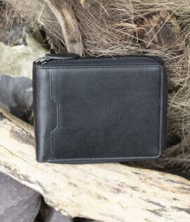 mens large leather zip around wallet in black vintage style leather