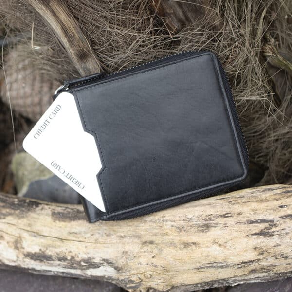 mens large leather zip around wallet in black vintage style leather showing front card pouch