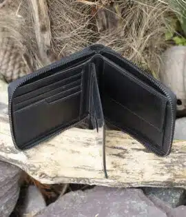 mens large leather zip around wallet in black vintage style leather showing note pockets