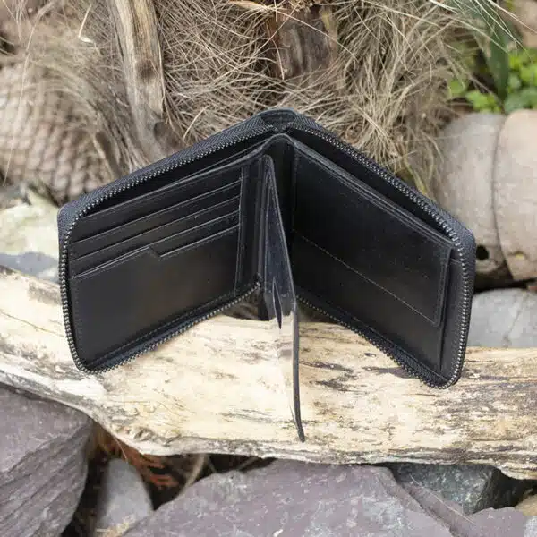 mens large leather zip around wallet in black vintage style leather showing note pockets