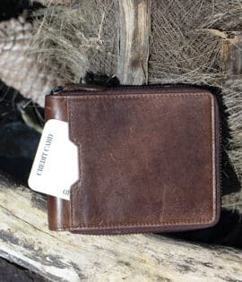 mens large leather zip around wallet in brown vintage style leather showing front card pouch