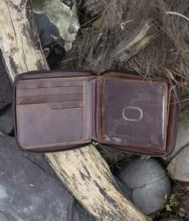 mens large leather zip around wallet in brown vintage style leather showing card pouches and ID window