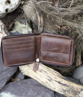 mens large leather zip around wallet in brown vintage style leather showing card slots and coin pocket