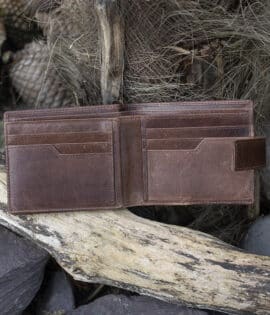 mens notecase vintage style brown leather wallet tab opening showing card slots and note pockets