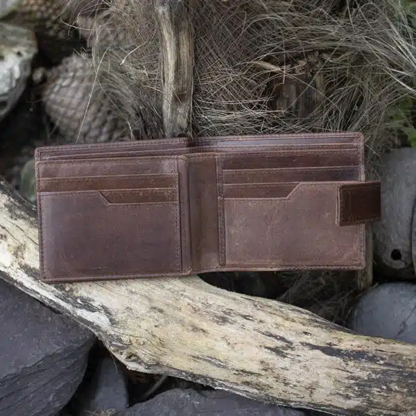 mens notecase vintage style brown leather wallet tab opening showing card slots and note pockets