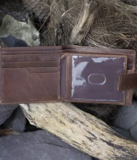 mens notecase vintage style brown leather wallet tab opening showing card slots and ID window