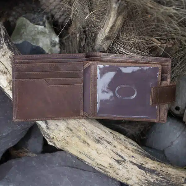 mens notecase vintage style brown leather wallet tab opening showing card slots and ID window