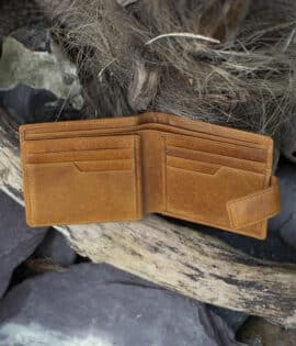 mens notecase vintage style tan leather wallet tab opening showing card slots and note pockets