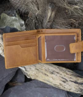 mens notecase vintage style tan leather wallet tab opening showing card slots and ID window