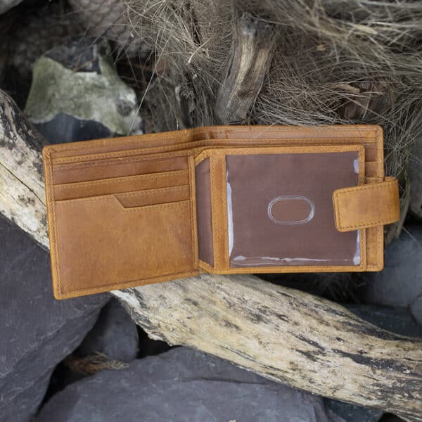 mens notecase vintage style tan leather wallet tab opening showing card slots and ID window