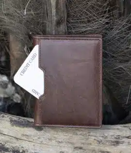 mens card holder waller brown leather vintage finish showing outside card pocket on the front