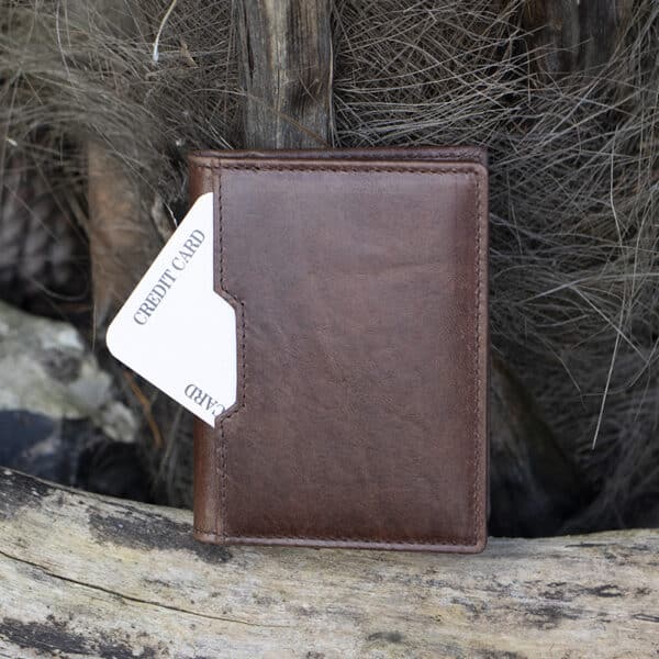 mens card holder waller brown leather vintage finish showing outside card pocket on the front