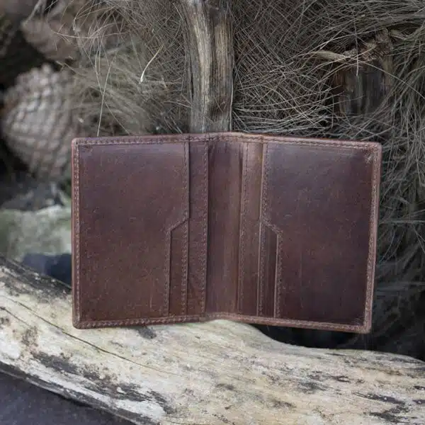 mens card holder wallet brown leather vintage finish open showing card slots