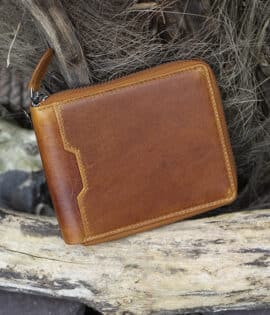 mens large leather zip around wallet in tan vintage style leather