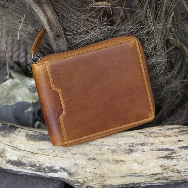 mens large leather zip around wallet in tan vintage style leather