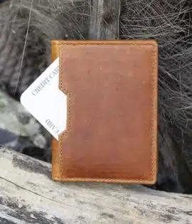 mens card holder wallet Tan leather vintage finish showing outside card pocket on the front