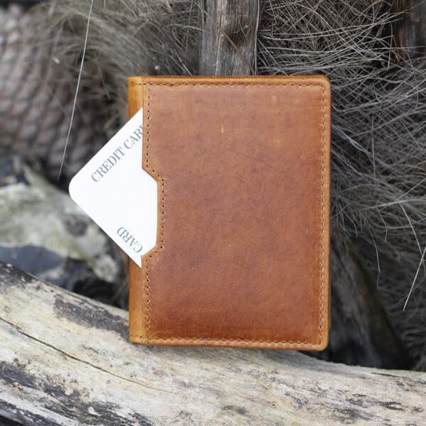 mens card holder wallet Tan leather vintage finish showing outside card pocket on the front