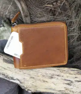 mens large leather zip around wallet in tan vintage style leather showing front card pouch