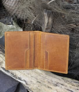 mens card holder wallet Tan leather vintage finish open showing card slots