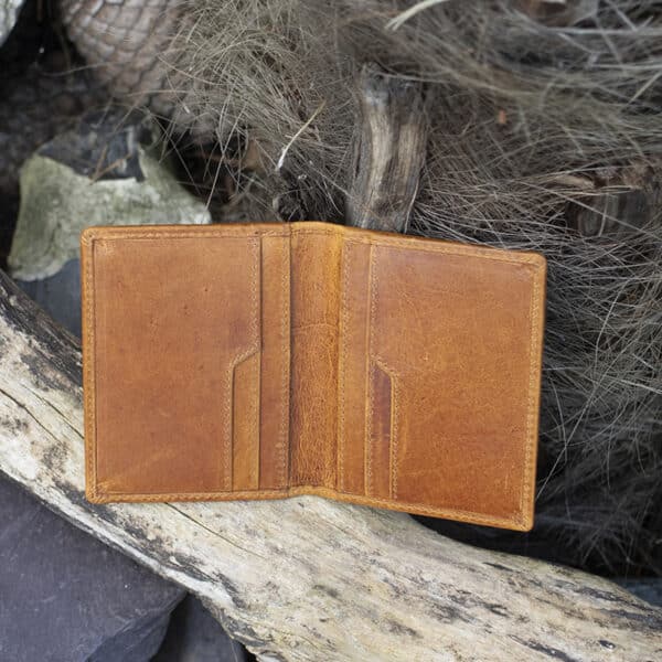 mens card holder wallet Tan leather vintage finish open showing card slots